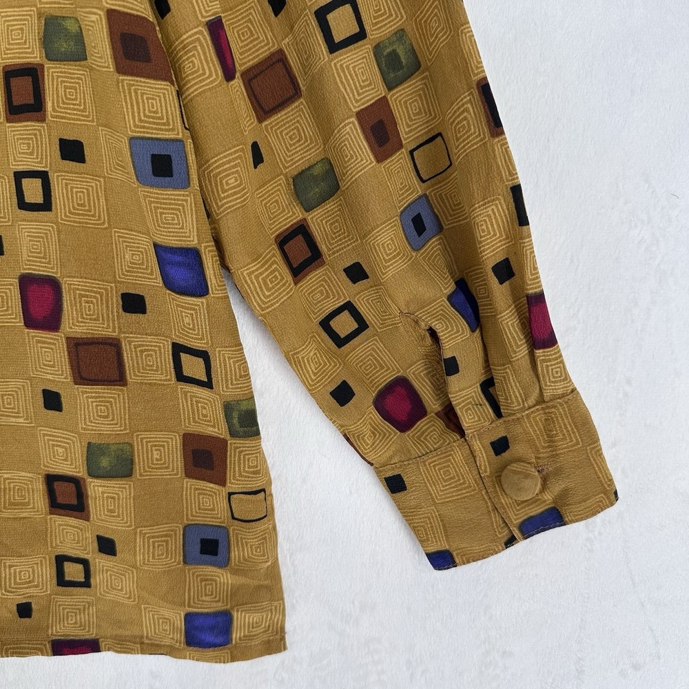 Vintage Jessie June Button Up Blouse Womens M‎ 100% Silk Gold Geometric Print - Picture 6 of 10